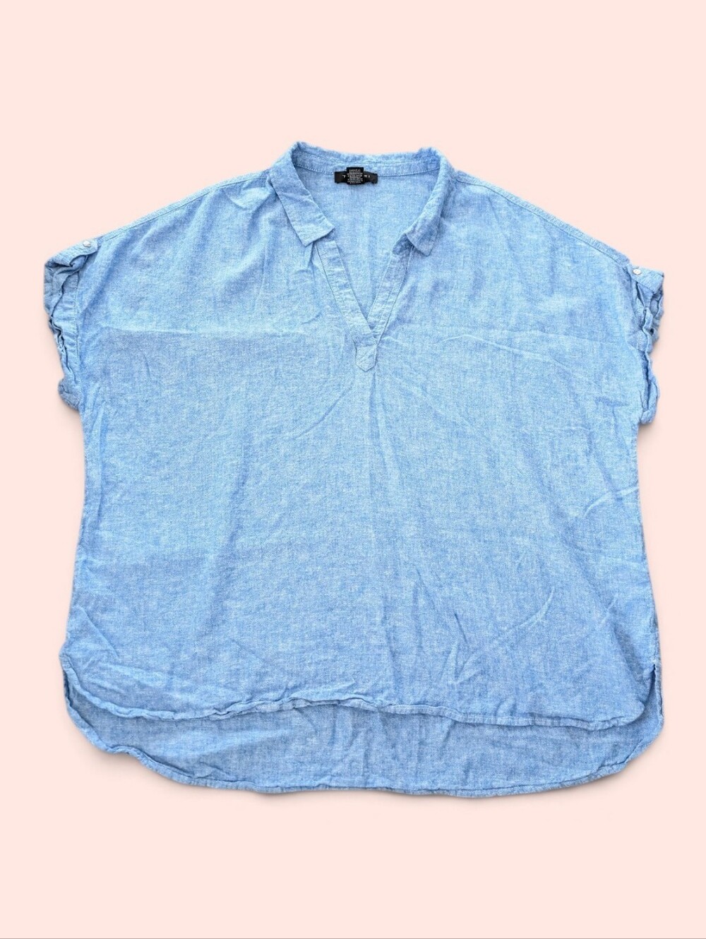 Tahari Womens Linen Blouse Blue Plus Size 3X Popover Coastal Beachy Lagenlook